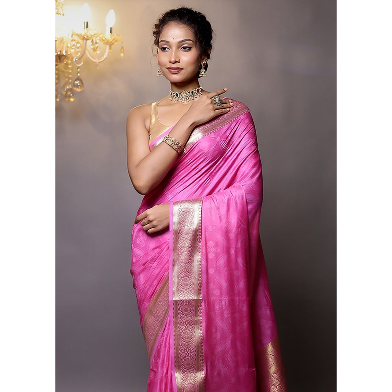 Pink Dupion Silk Saree With Blouse Piece - JD986579118