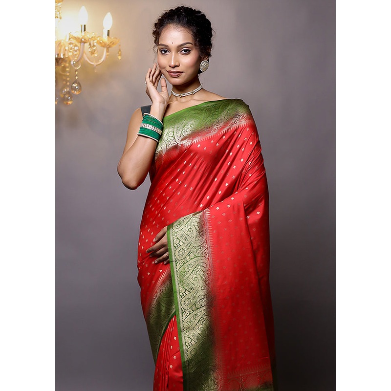 Red Dupion Silk Saree With Blouse Piece - JD986579115