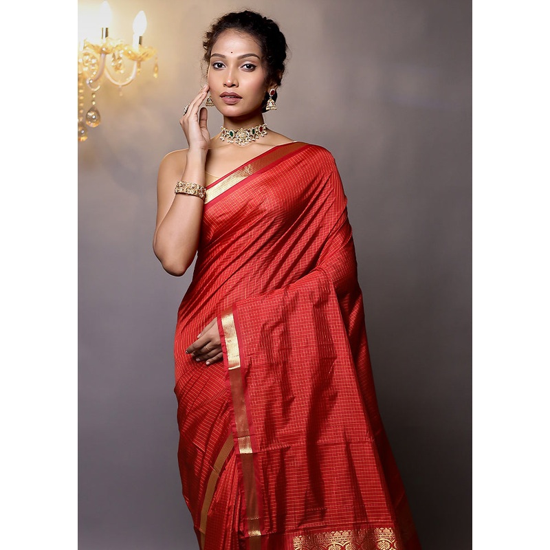 Red Kanjivaram Silk Saree With Blouse Piece - JD986579114