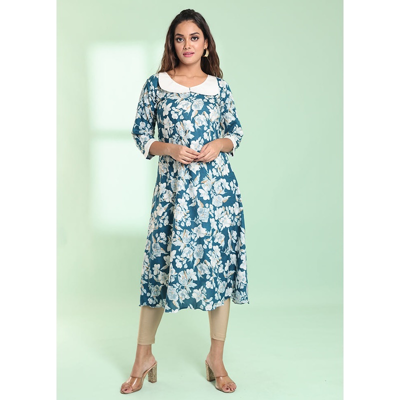 Teal Readymade Rayon Kurti - JD986578975
