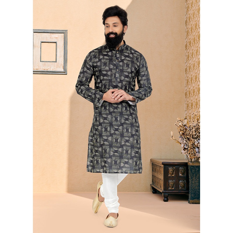 2 Pc Black Cotton Kurta And Pajama Set - JD986578760