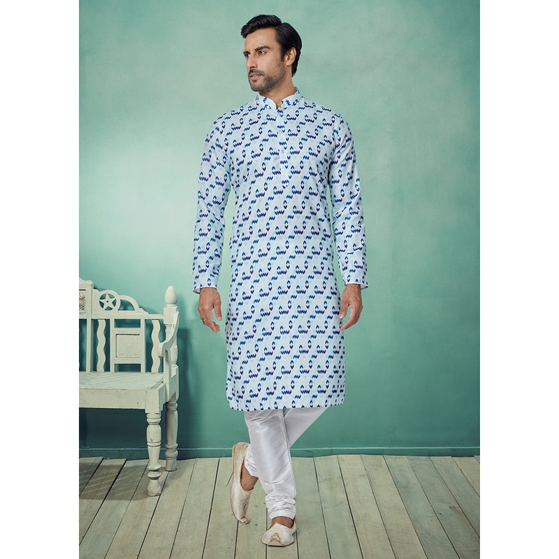 2 Pc Blue Cotton Kurta And Pajama Set - JD986578755