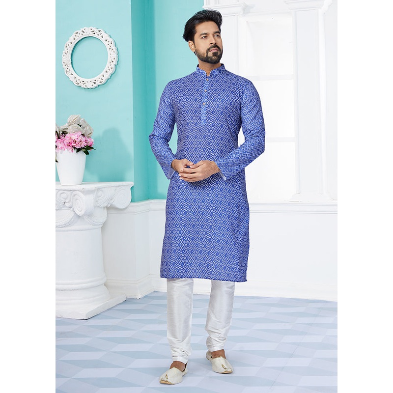 2 Pc Blue Cotton Kurta And Pajama Set - JD986578758