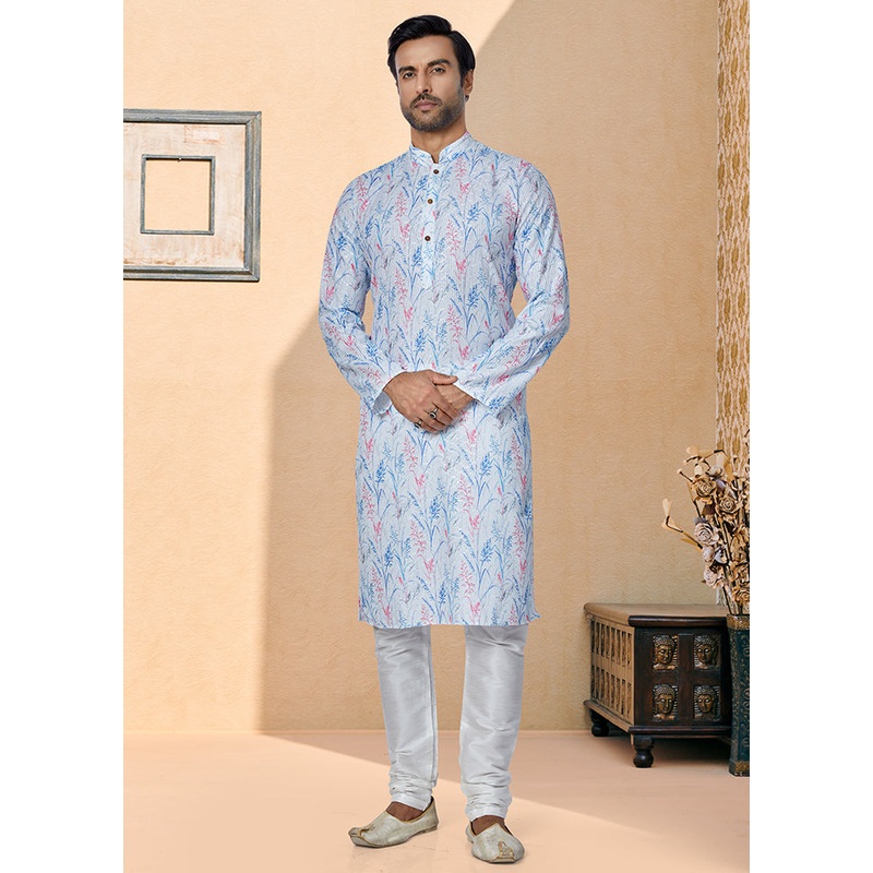 2 Pc Blue Dupion Silk Kurta And Pajama Set - JD986578749