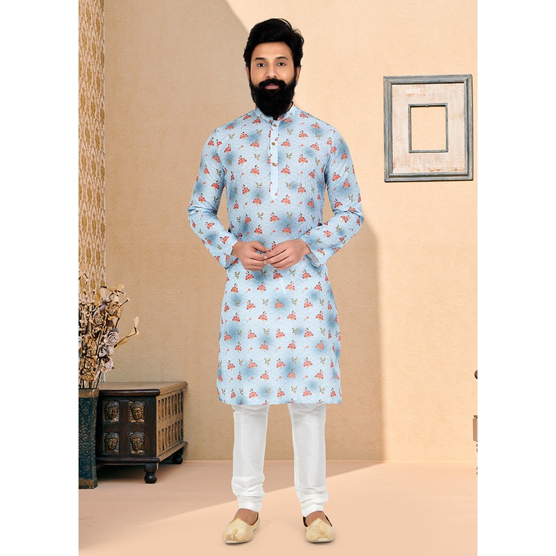 2 Pc Blue Dupion Silk Kurta And Pajama Set - JD986578750