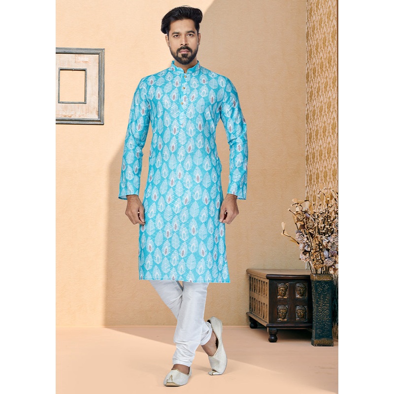 2 Pc Blue Dupion Silk Kurta And Pajama Set - JD986578751
