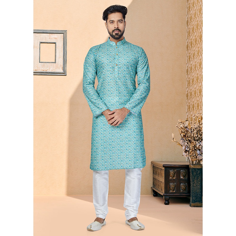 2 Pc Blue Dupion Silk Kurta And Pajama Set - JD986578752