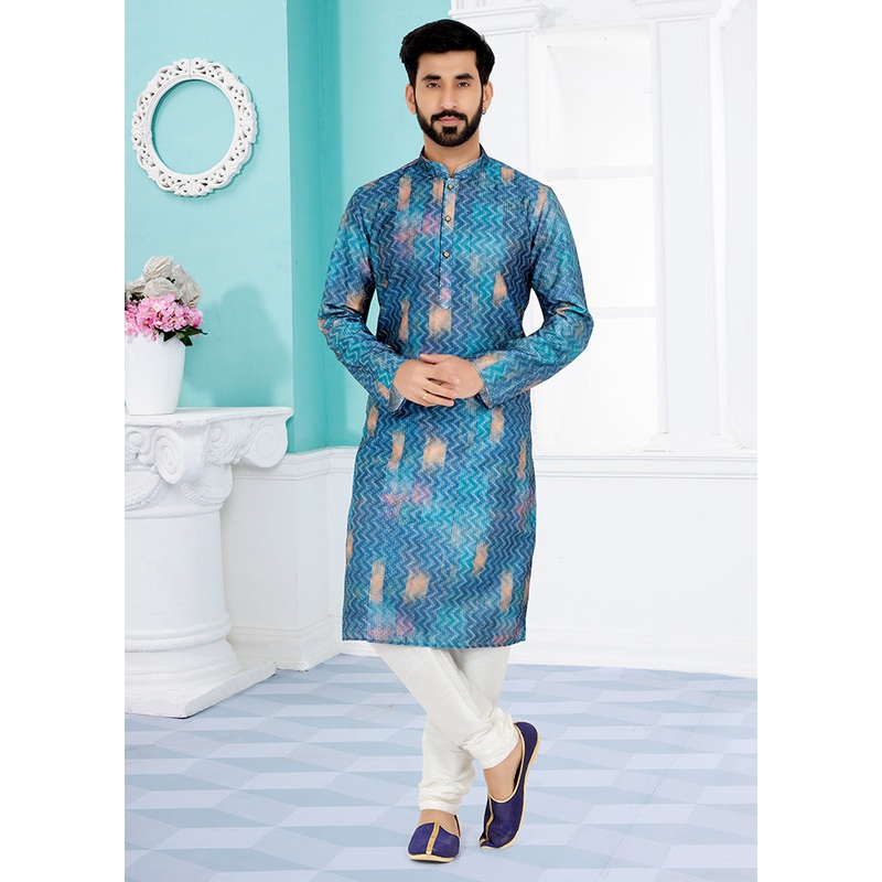 2 Pc Blue Dupion Silk Kurta And Pajama Set - JD986578753