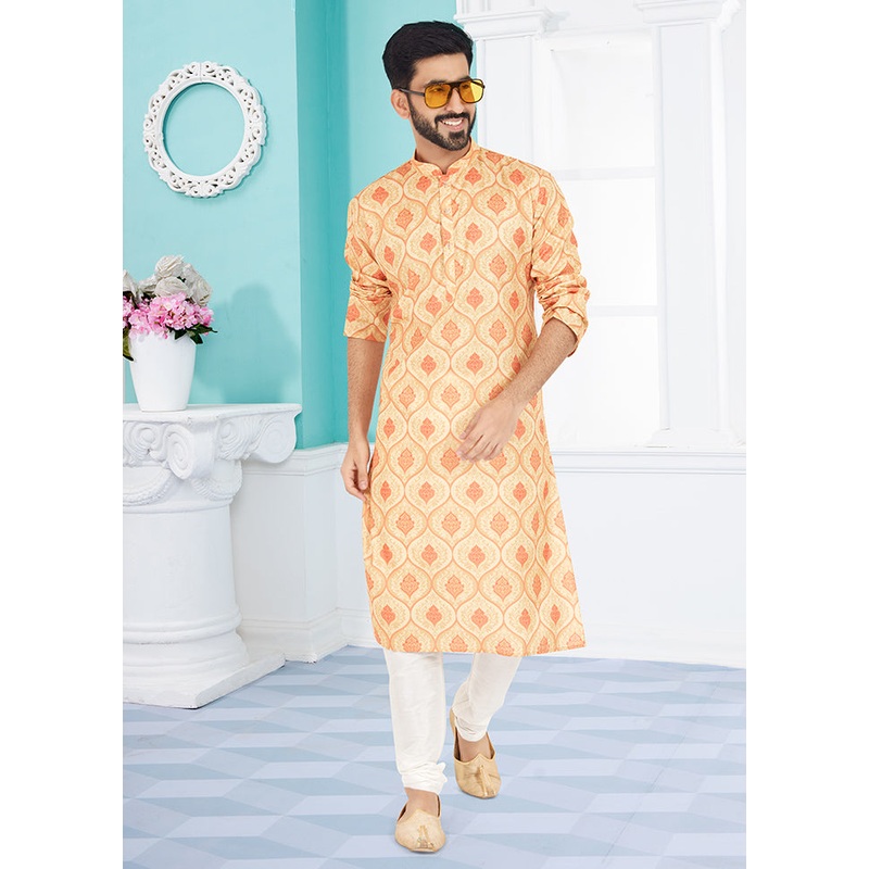 2 Pc Cream Cotton Kurta And Pajama Set - JD986578746