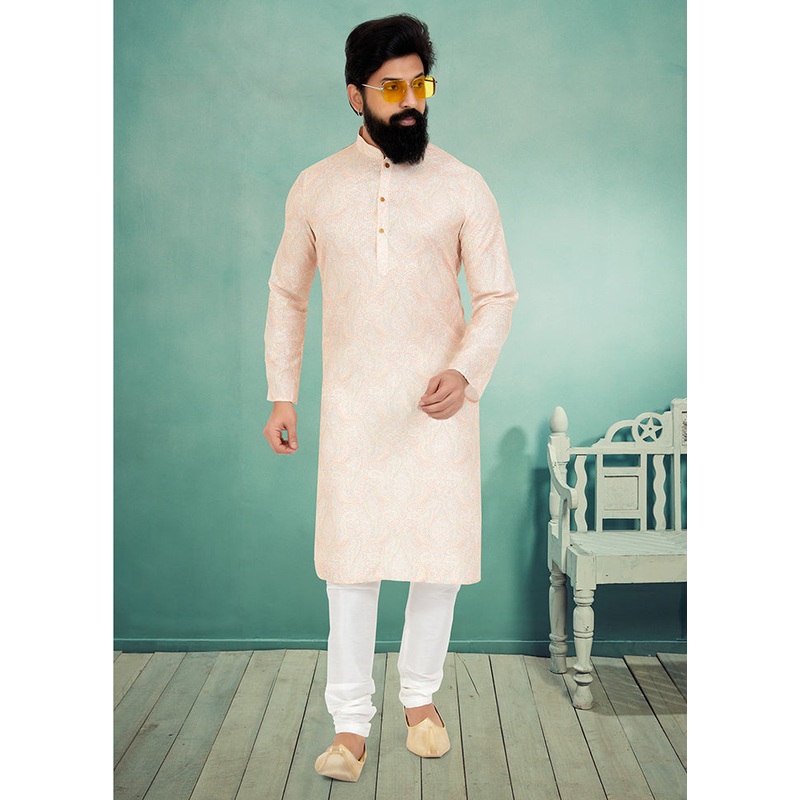 2 Pc Cream Dupion Silk Kurta And Pajama Set - JD986578742
