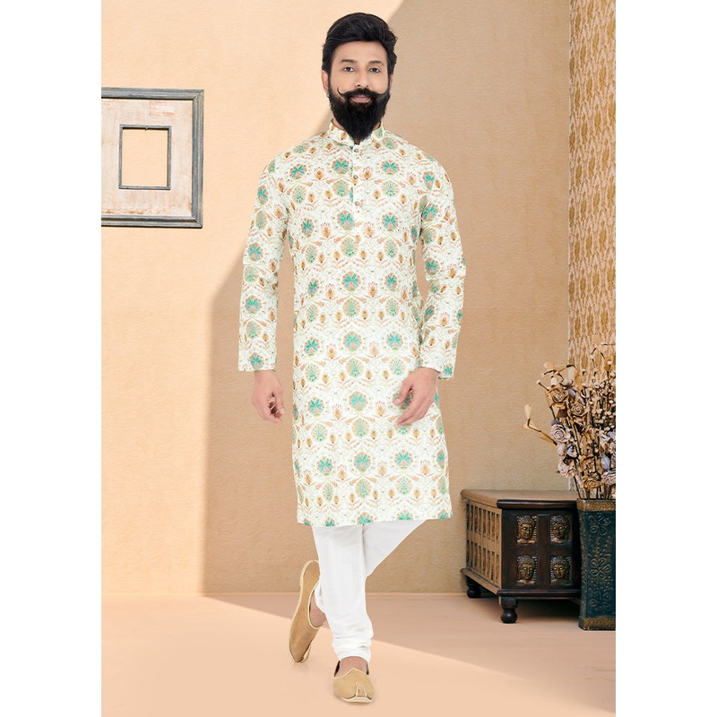 2 Pc Cream Dupion Silk Kurta And Pajama Set - JD986578743