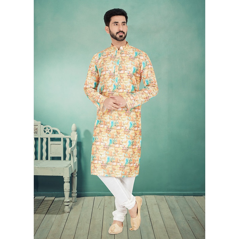 2 Pc Cream Dupion Silk Kurta And Pajama Set - JD986578744