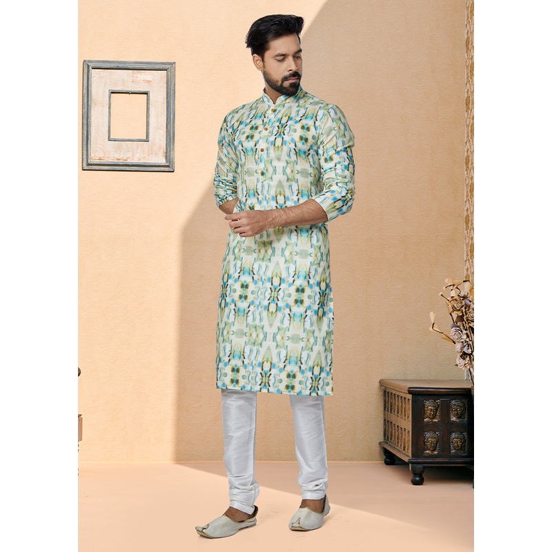 2 Pc Green Cotton Kurta And Pajama Set - JD986578736