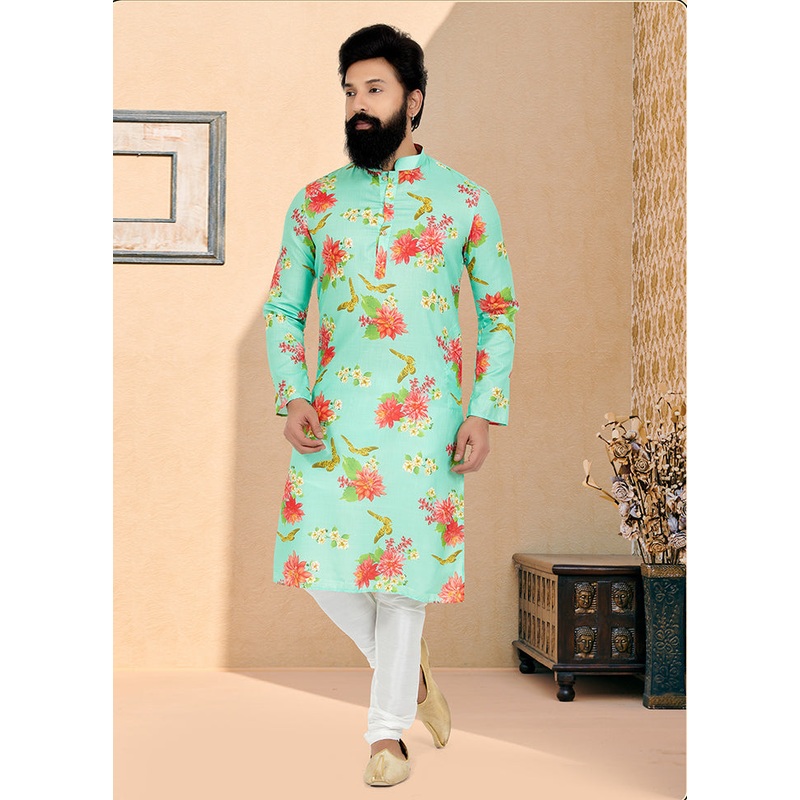 2 Pc Green Cotton Kurta And Pajama Set - JD986578737