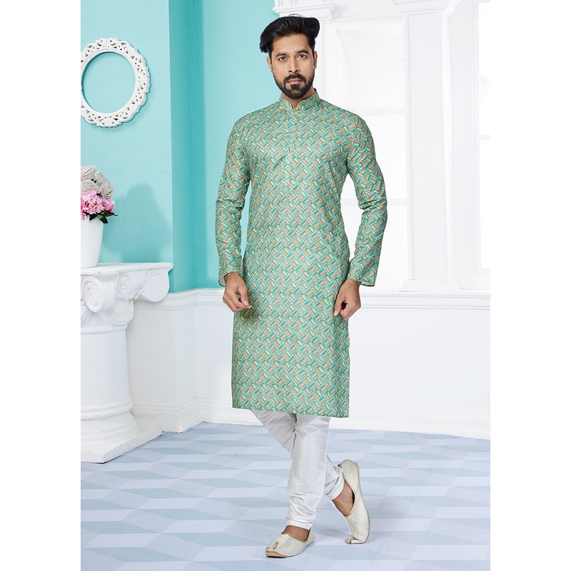2 Pc Green Cotton Kurta And Pajama Set - JD986578739