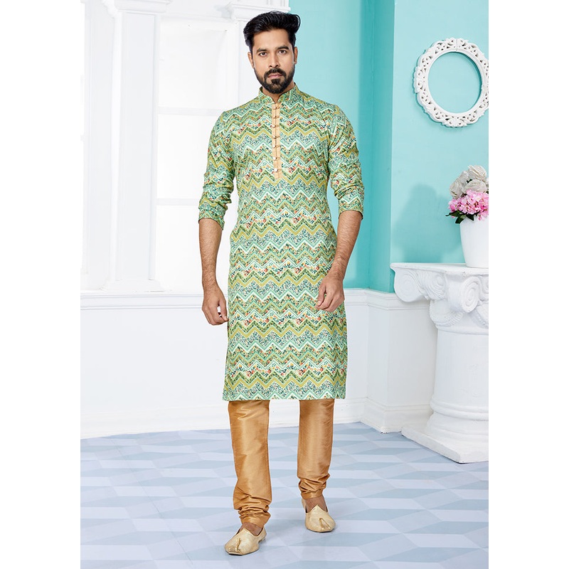 2 Pc Green Dupion Silk Kurta And Pajama Set - JD986578732