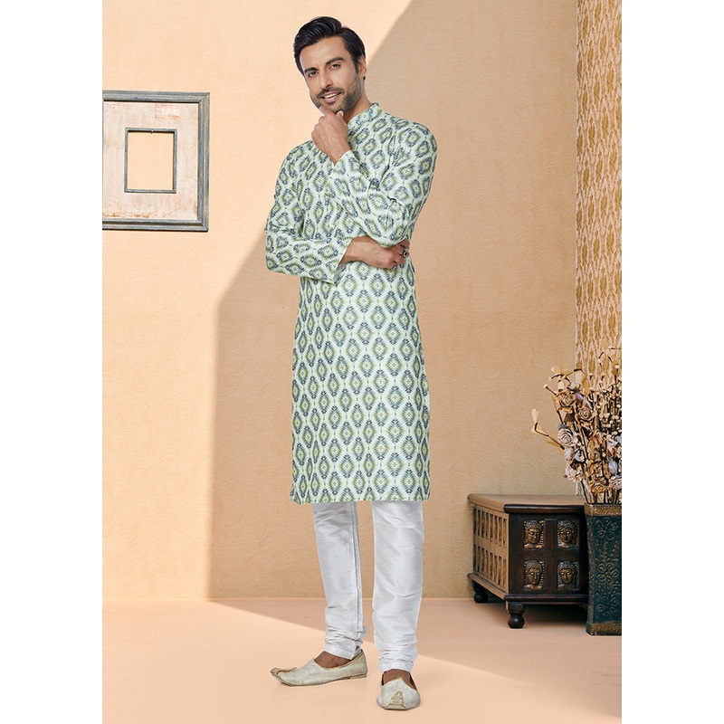 2 Pc Green Dupion Silk Kurta And Pajama Set - JD986578734
