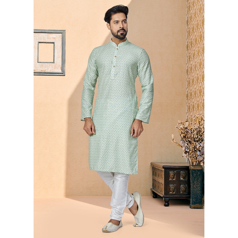 2 Pc Green Dupion Silk Kurta And Pajama Set - JD986578735