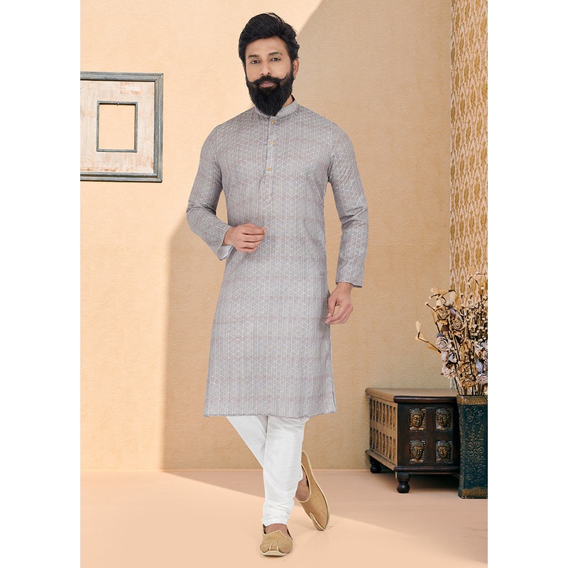 2 Pc Grey Dupion Silk Kurta And Pajama Set - JD986578730