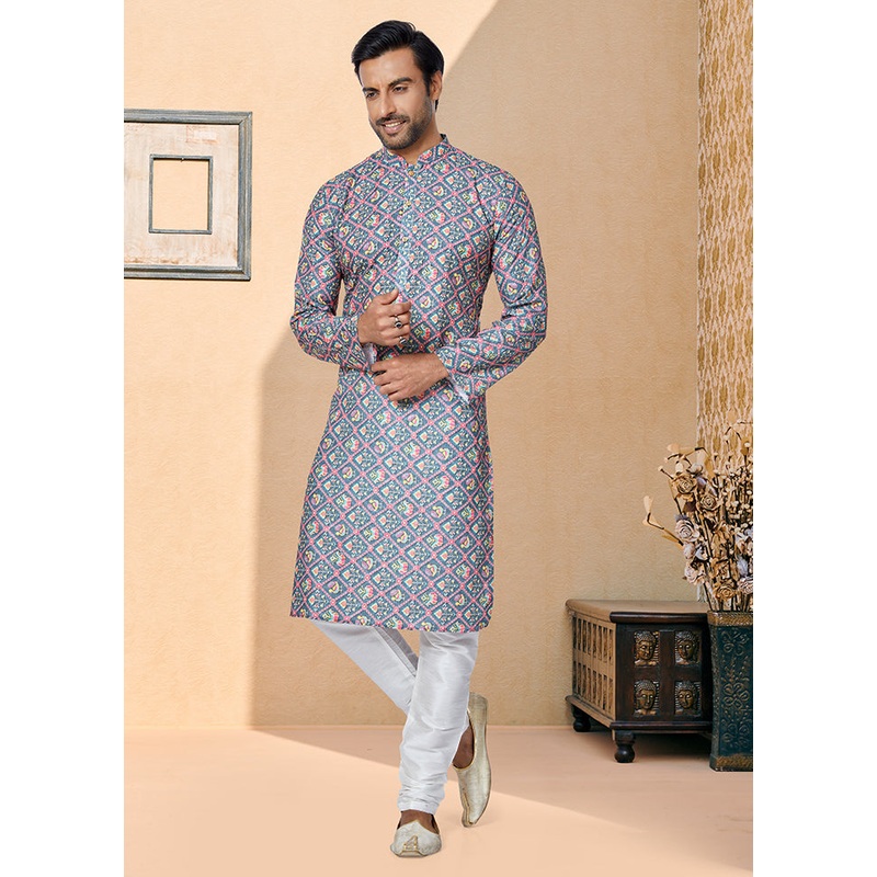 2 Pc Grey Dupion Silk Kurta And Pajama Set - JD986578731