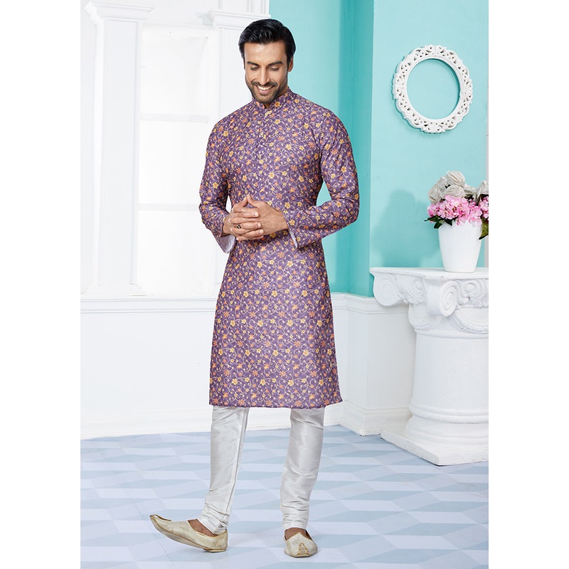 2 Pc Purple Dupion Silk Kurta And Pajama Set - JD986578727