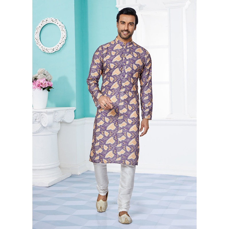 2 Pc Purple Dupion Silk Kurta And Pajama Set - JD986578729
