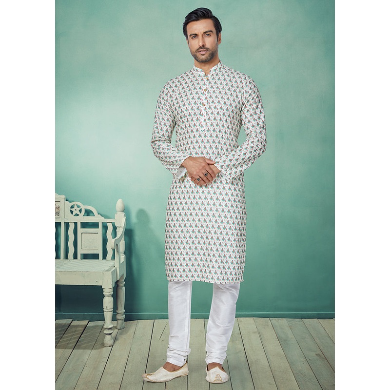 2 Pc White Dupion Silk Kurta And Pajama Set - JD986578719