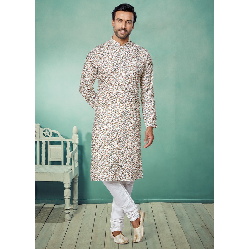 2 Pc White Dupion Silk Kurta And Pajama Set - JD986578721