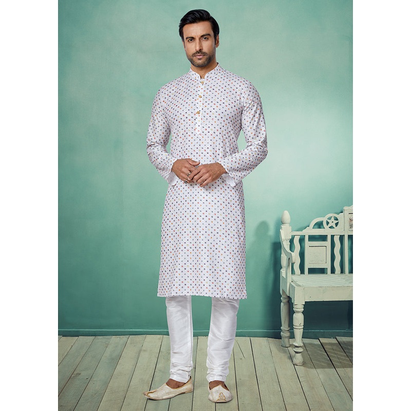 2 Pc White Dupion Silk Kurta And Pajama Set - JD986578723