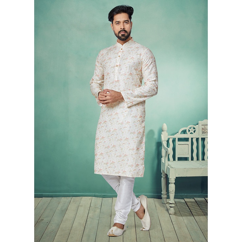 2 Pc White Dupion Silk Kurta And Pajama Set - JD986578724