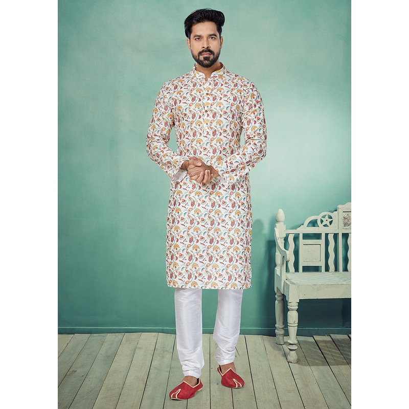 2 Pc White Dupion Silk Kurta And Pajama Set - JD986578725