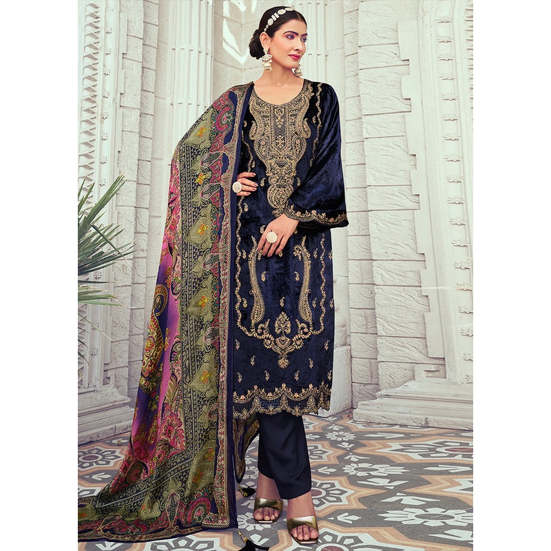3 Pc Blue Unstitched Pashmina Suit Set - JD986578849