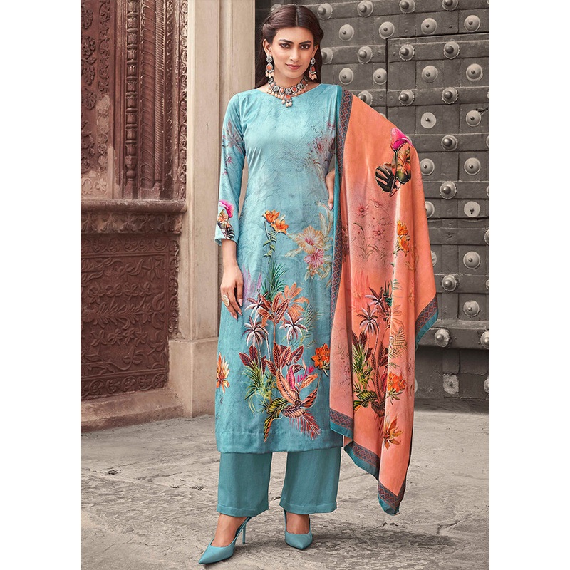 3 Pc Blue Unstitched Pashmina Suit Set - JD986578850