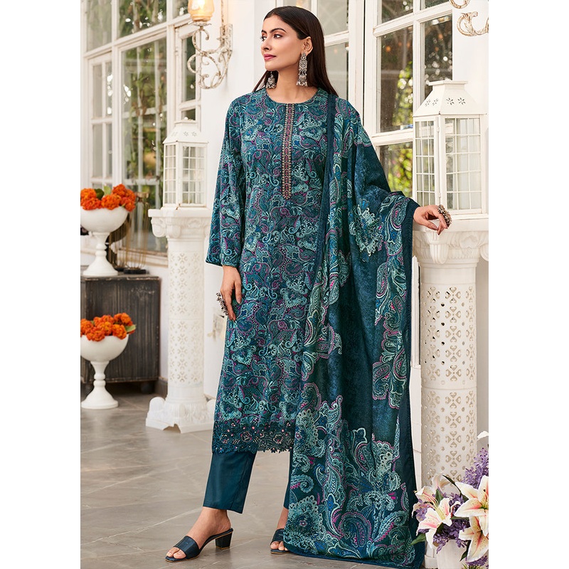 3 Pc Blue Unstitched Pashmina Suit Set - JD986578851