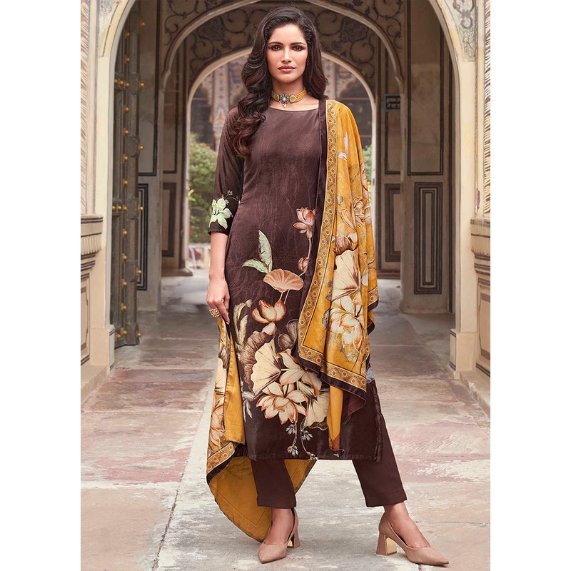 3 Pc Brown Unstitched Pashmina Suit Set - JD986578842
