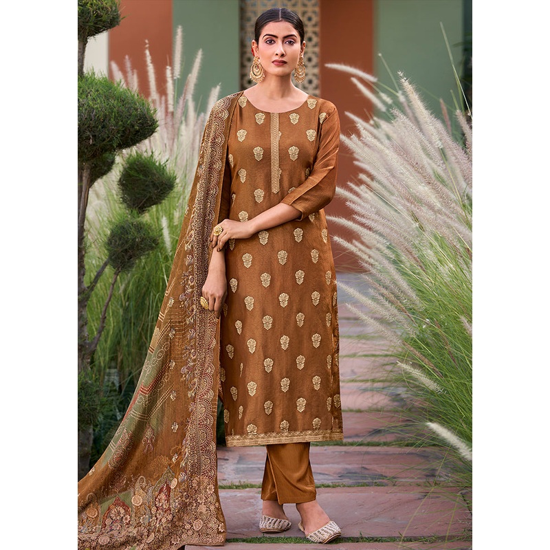 3 Pc Brown Unstitched Silk Suit Set - JD986578841
