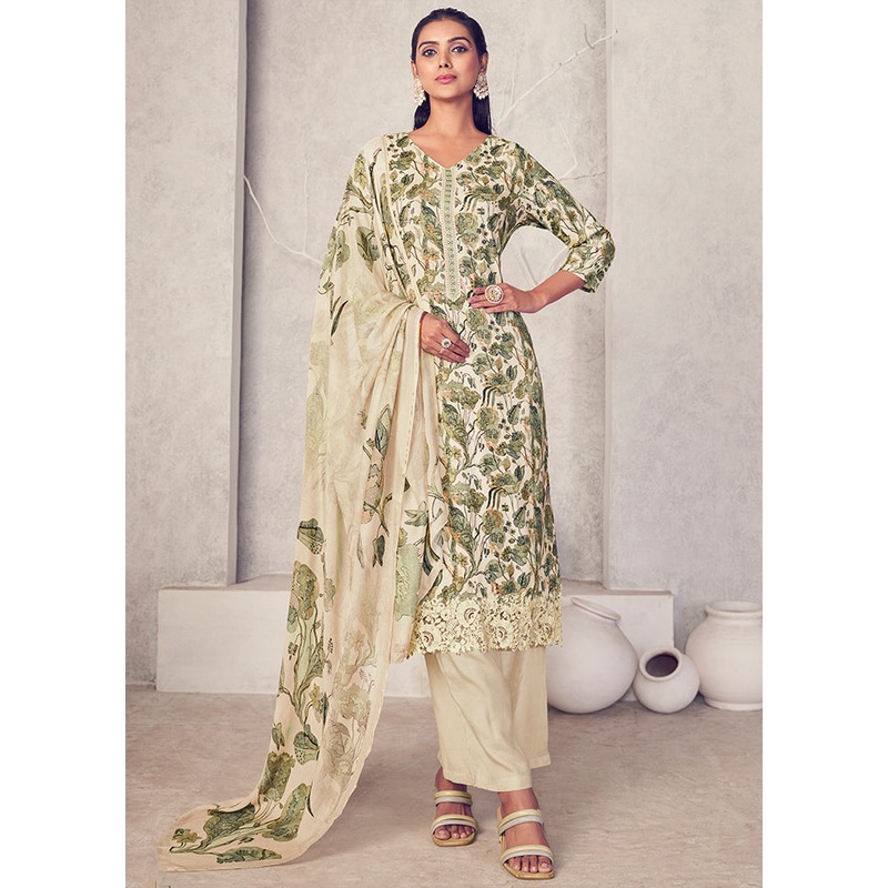 3 Pc Cream Unstitched Pure Pashmina Suit Set - JD986578837