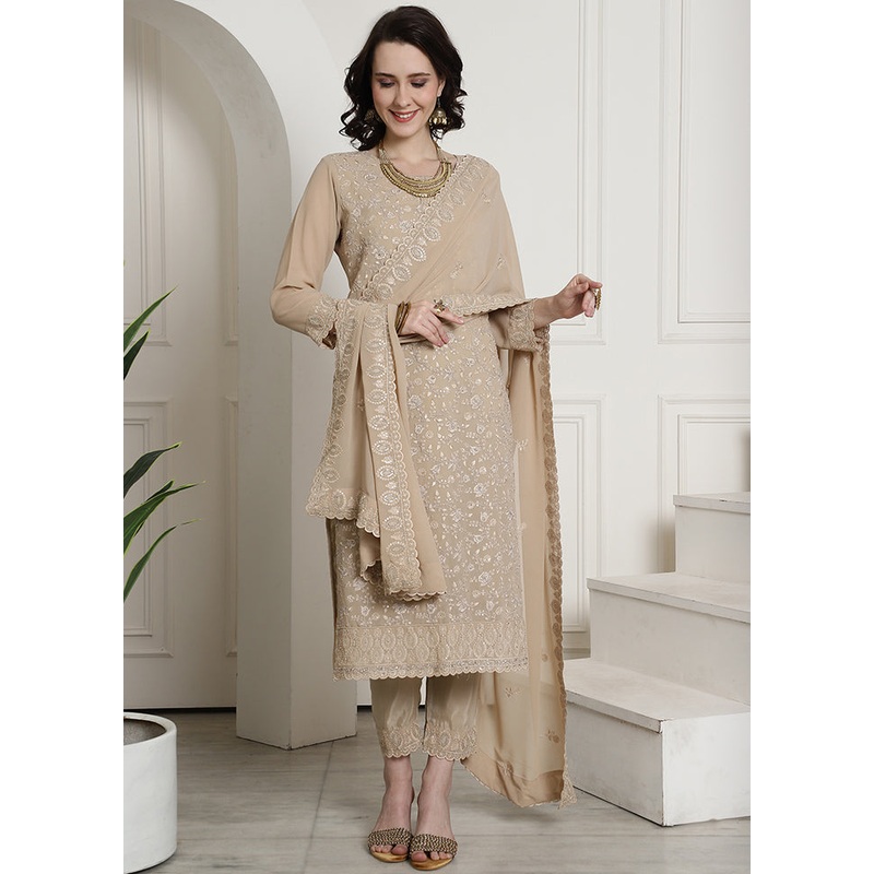 3 Pc Cream Unstitched Santoon Suit Set - JD986578836