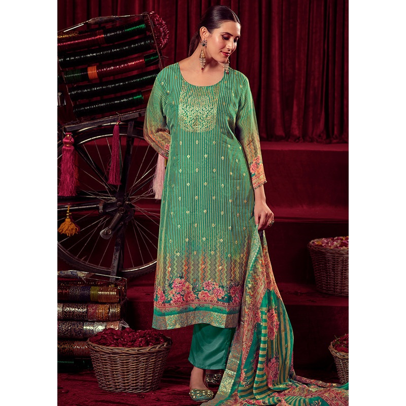 3 Pc Green Unstitched Muslin Suit Set - JD986578832