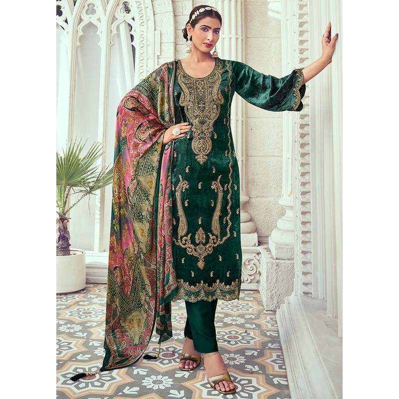 3 Pc Green Unstitched Pashmina Suit Set - JD986578825