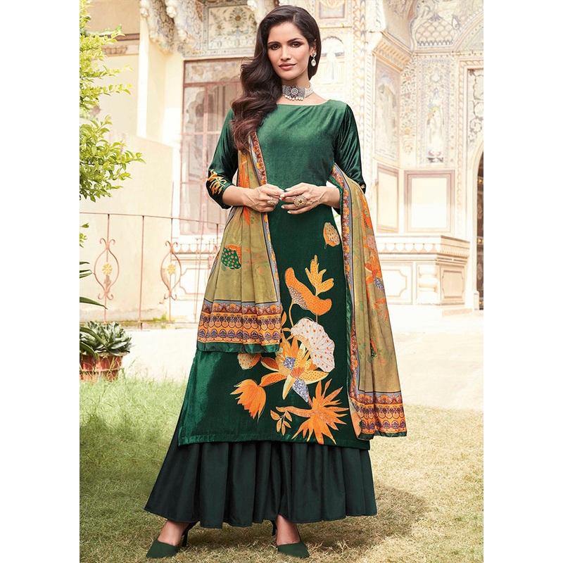 3 Pc Green Unstitched Pashmina Suit Set - JD986578826