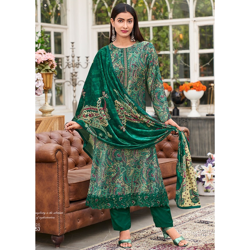 3 Pc Green Unstitched Pashmina Suit Set - JD986578827