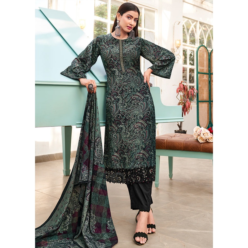 3 Pc Green Unstitched Pashmina Suit Set - JD986578828