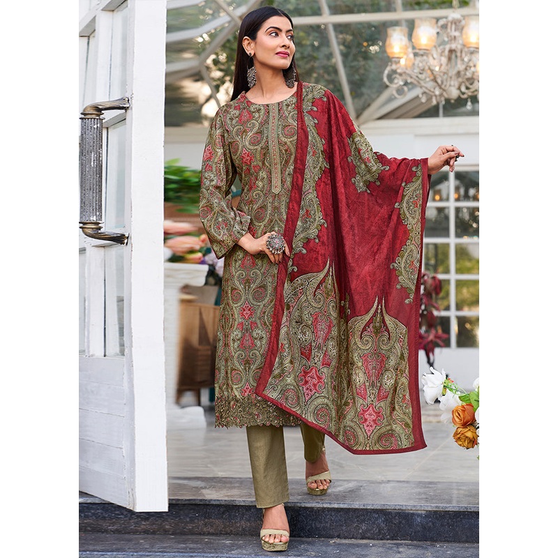3 Pc Green Unstitched Pashmina Suit Set - JD986578829