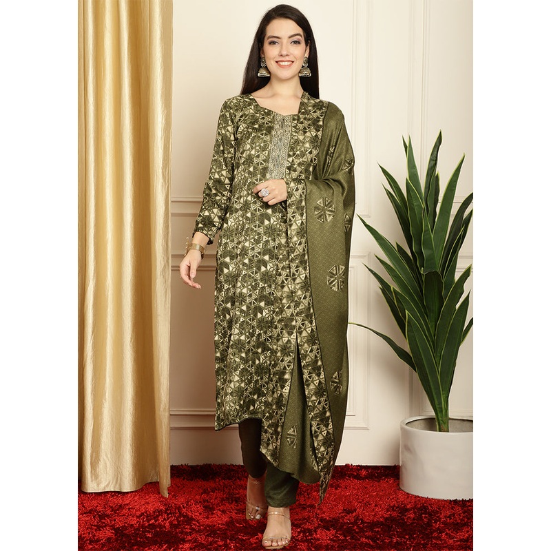 3 Pc Green Unstitched Pashmina Suit Set - JD986578831