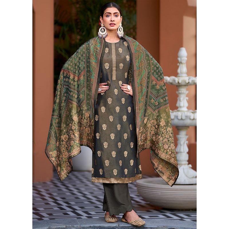3 Pc Green Unstitched Silk Suit Set - JD986578821