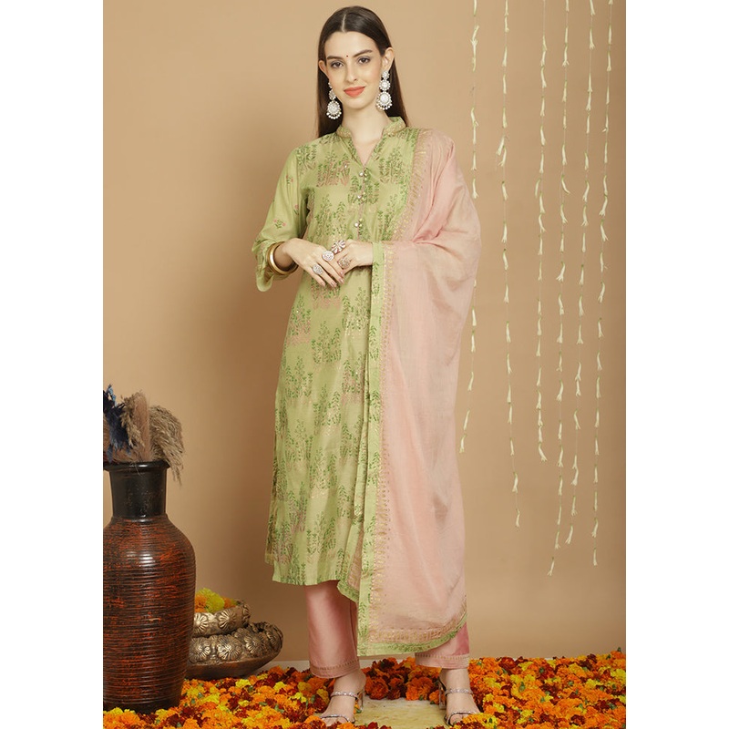 3 Pc Green Unstitched Silk Suit Set - JD986578822
