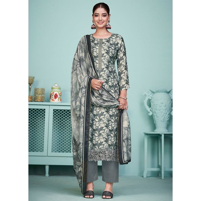 3 Pc Grey Unstitched Muslin Suit Set - JD986578816