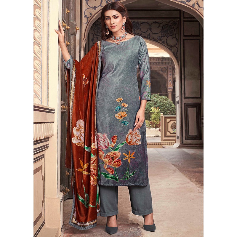 3 Pc Grey Unstitched Pashmina Suit Set - JD986578815