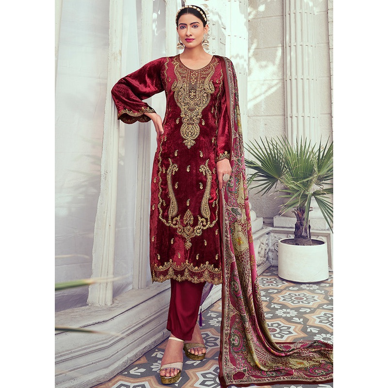 3 Pc Maroon Unstitched Pashmina Suit Set - JD986578809